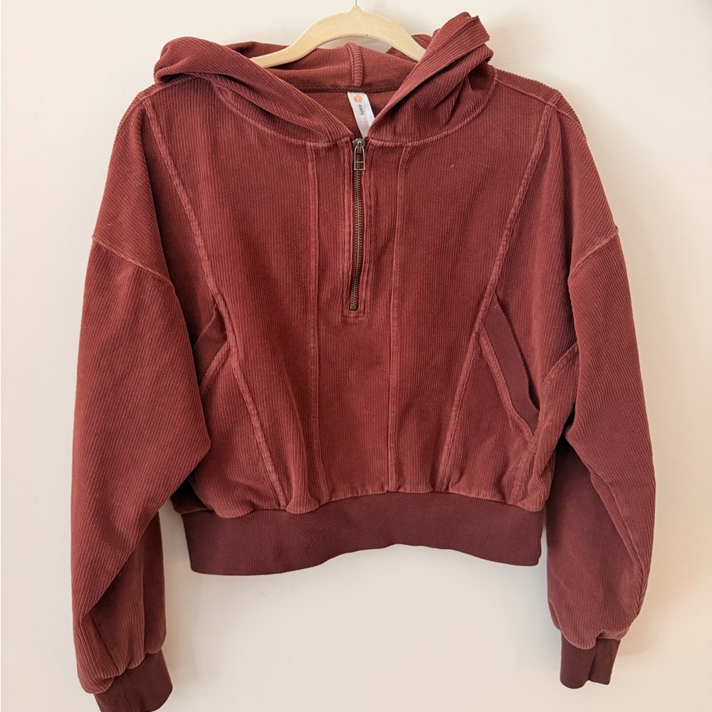 Anthropology Daily Practice Corded Velour Half Zip Cropped Hoodie Rust Large